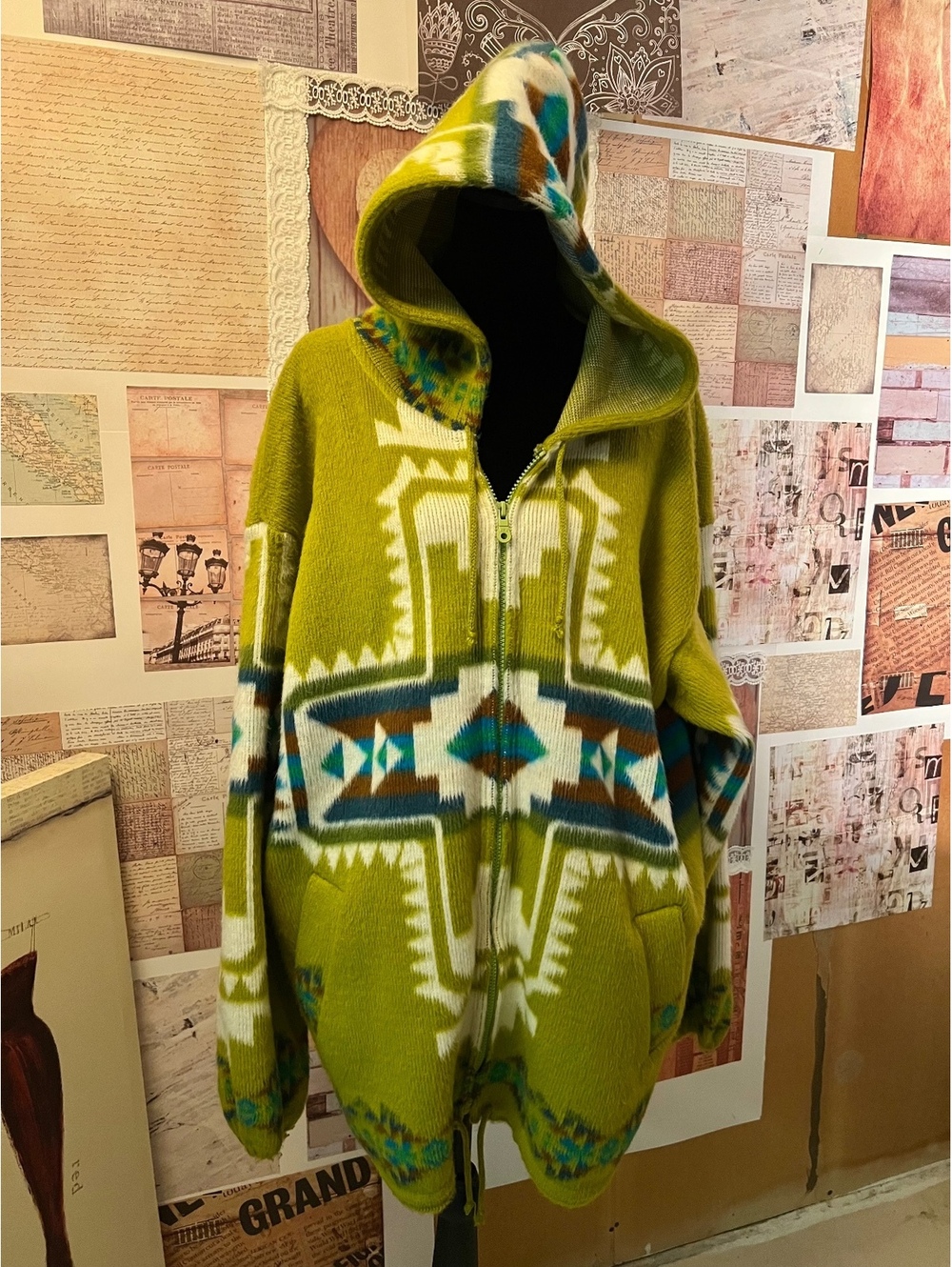 Artesanias Tuntaquimba XL Wool Hooded green Zip-Up Sweater Jacket Ecuador